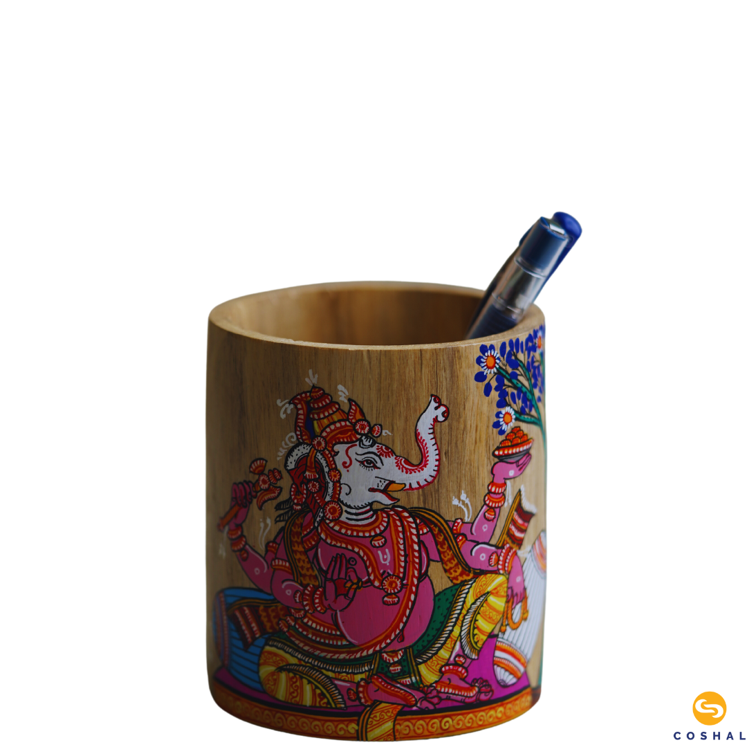 Round Lord Ganesha Penstand | Handpainted Traditional Pattachitra Art | Study Table Decor | Coshal | OD63 6