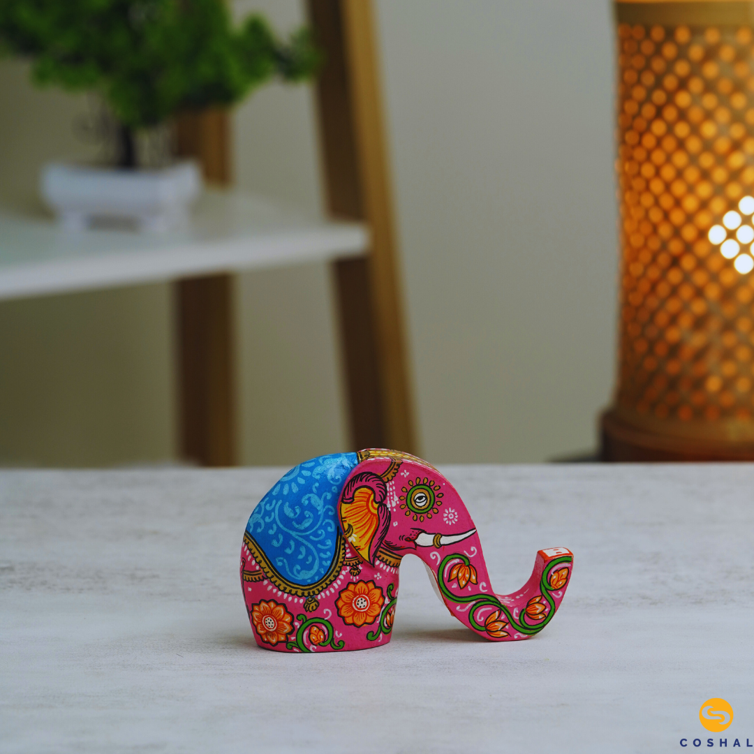 Table Elephant | Pink | Handpainted Wooden Pattachitra Art | Table Decor | Coshal | OD44 3