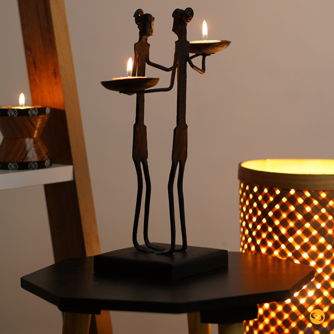 Tribal Couple Sandle Stand | Wrought Iron Tealight Candle Holder | Coshal | CI37 1