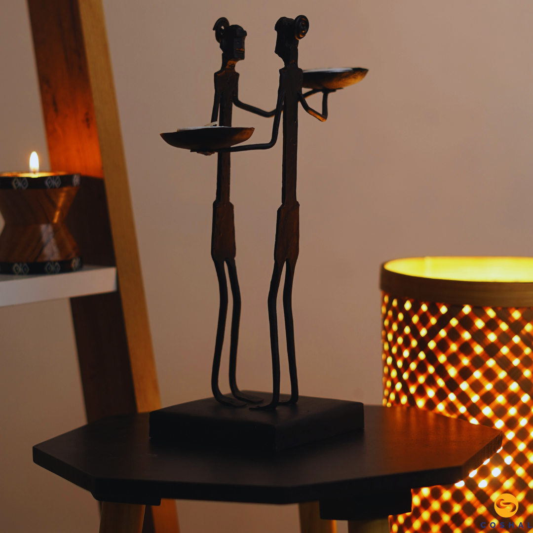 Tribal Couple Sandle Stand | Wrought Iron Tealight Candle Holder | Coshal | CI37 2