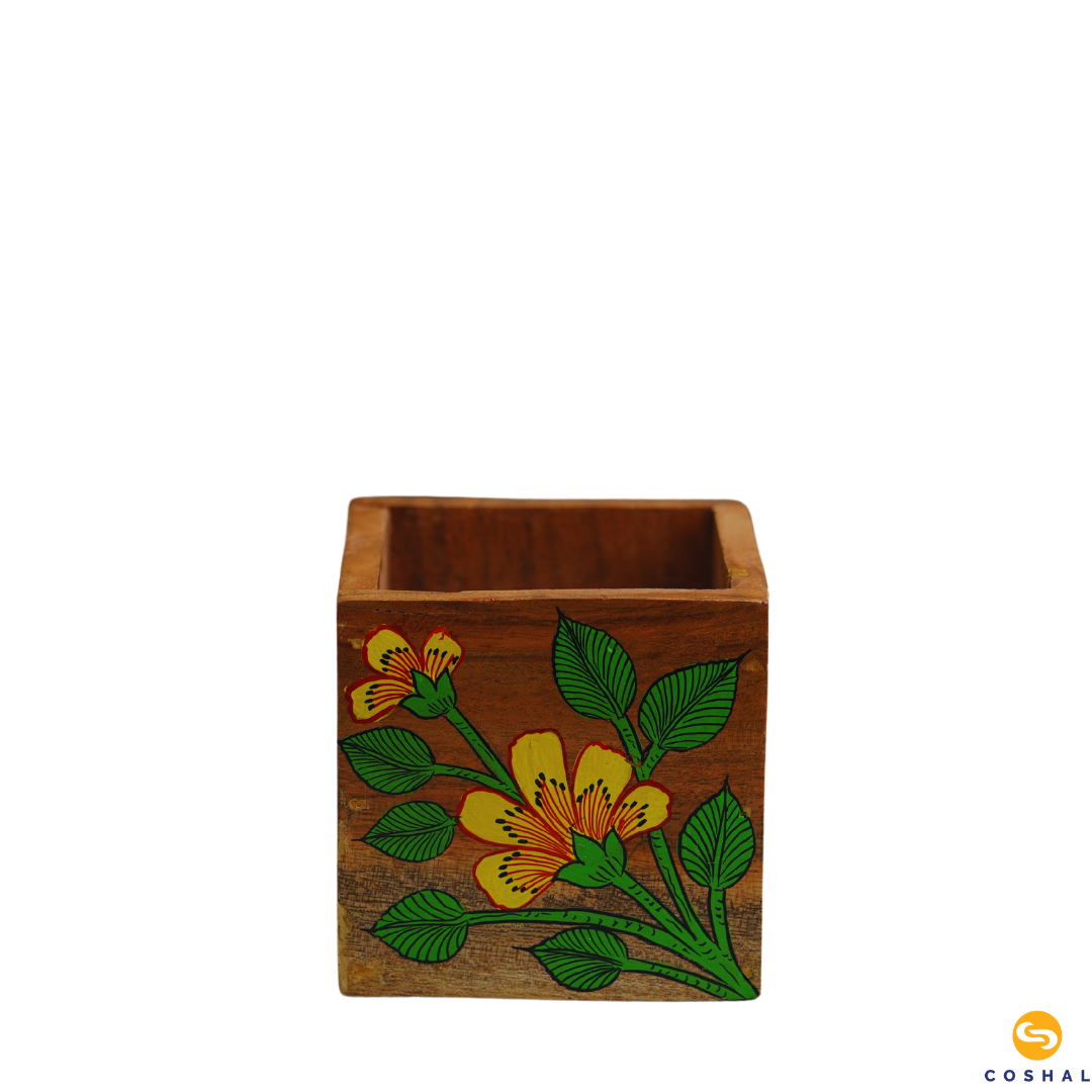 Wooden Handpainted Pattachitra Yellow- Green Penstand | Best for Home and office | Coshal | OD18 5