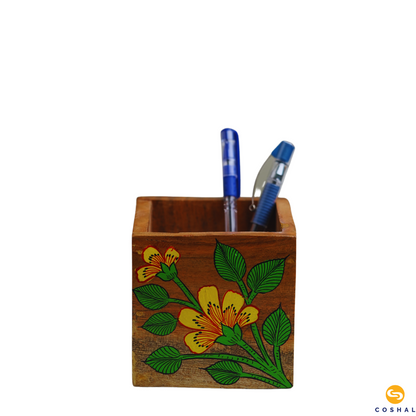 Wooden Handpainted Pattachitra Yellow- Green Penstand | Best for Home and office | Coshal | OD18 6