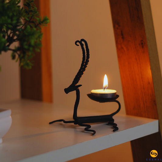 Wrought Iron Deer Shaped Candle Stand | Tribal Wrought Iron Tealight Holder | Coshal | CI38 1