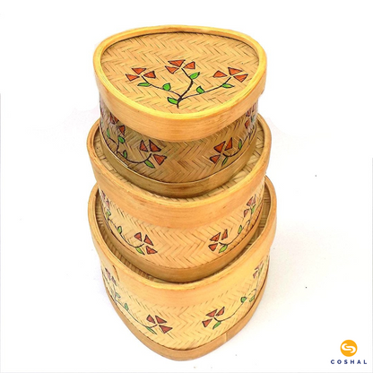 Coshal Art | Bamboo Natural Hand Made | Triangular Box Set Art | Beige and Art | Pack of 3 Boxes | C02HD04011