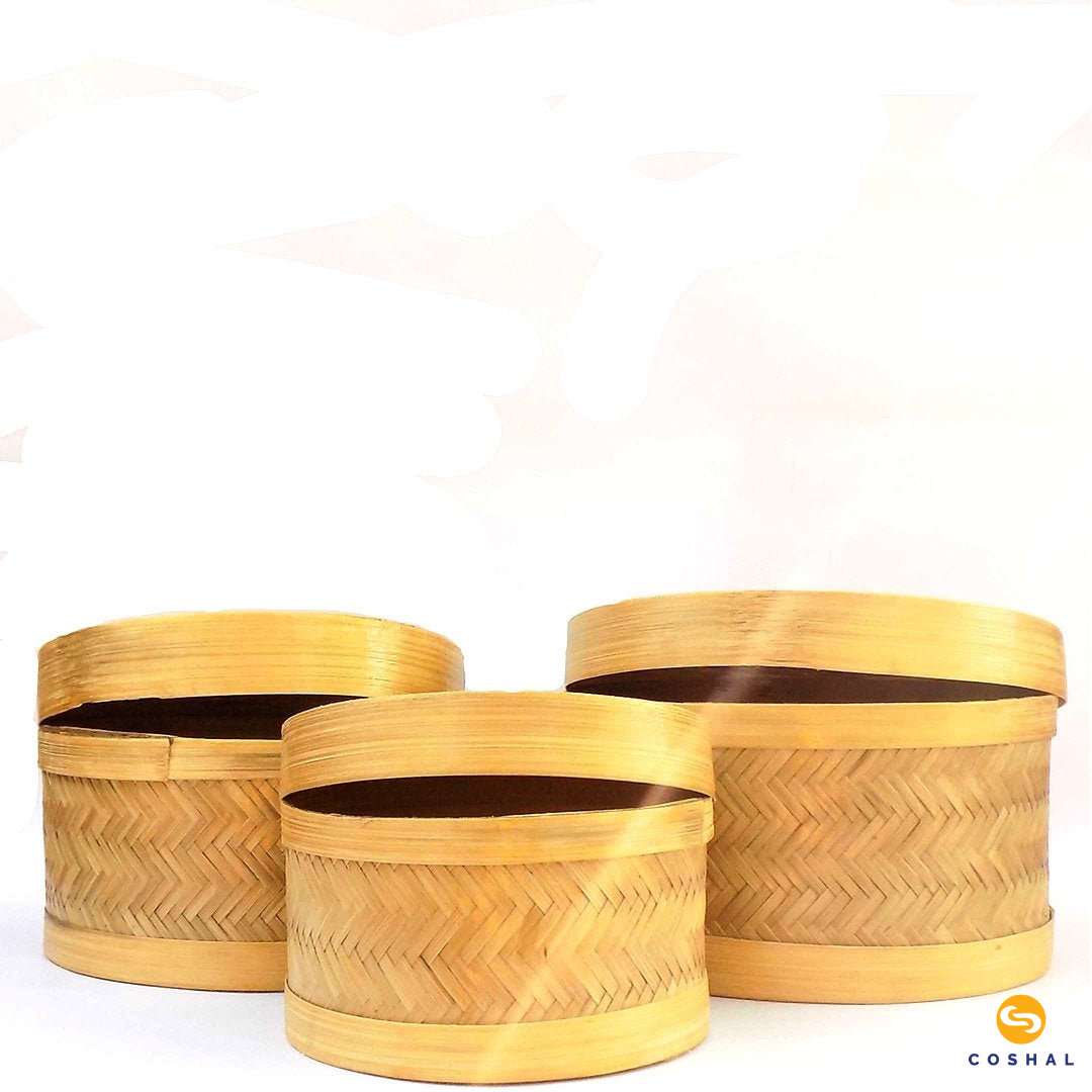 Coshal Art | Bamboo Natural Hand Made | Round Box Set | Beige | Pack of 3 Boxes | C02HD04004