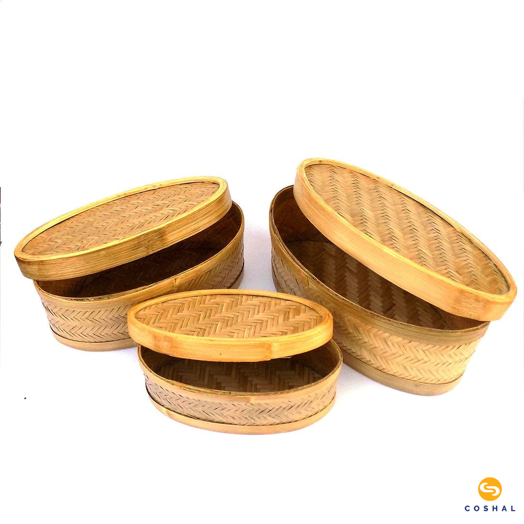 Coshal Art | Bamboo Natural Hand Made | Oval Box Set | Beige  | Pack of 3 Boxes | C02HD04012