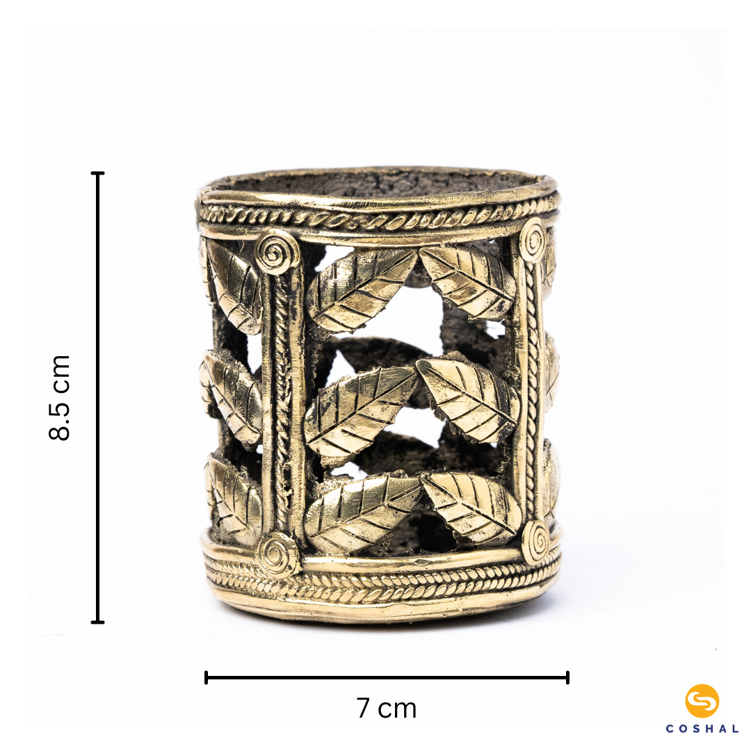 Brass Pen Stand | Dhokra Brass Art | Dhokra Art Leaf Shaped Design | Best for Homes and Offices | Coshal | CD09 5