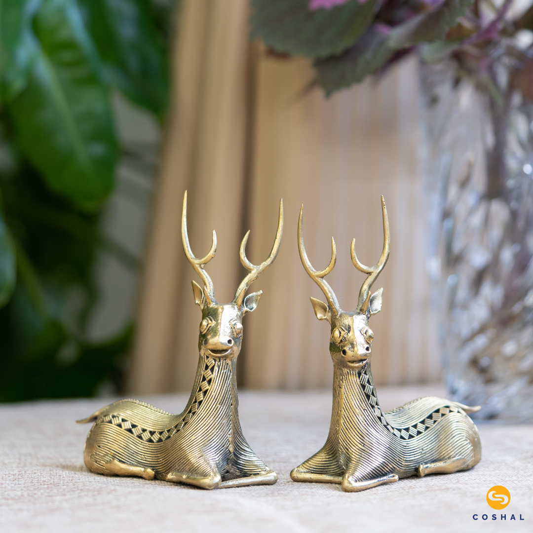 Dhokra Brass Resting, Sitting Deer Pair for Home & Office Decor | Best kept as vastu showpeice | Coshal | CD03 2