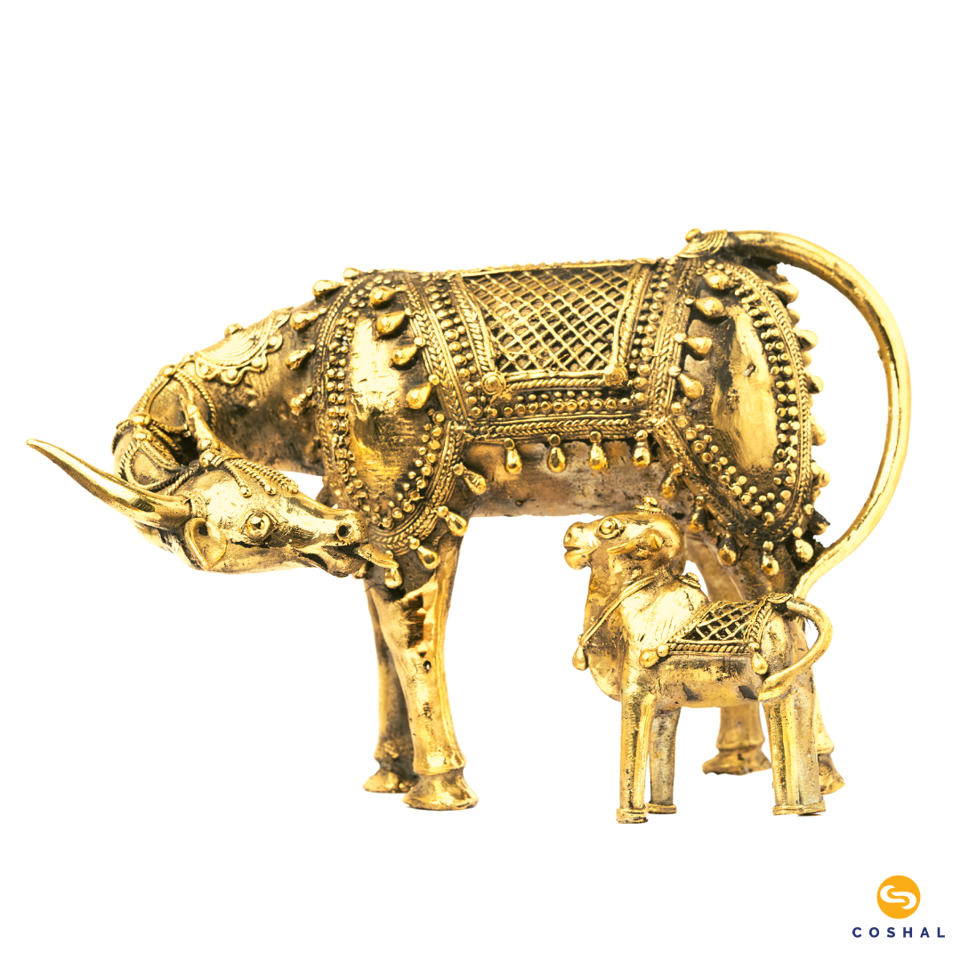 Kamdhenu Cow and Calf | Best for homes and offices | Bastar Dhokra Art | Room Decor |Coshal | CD23 2
