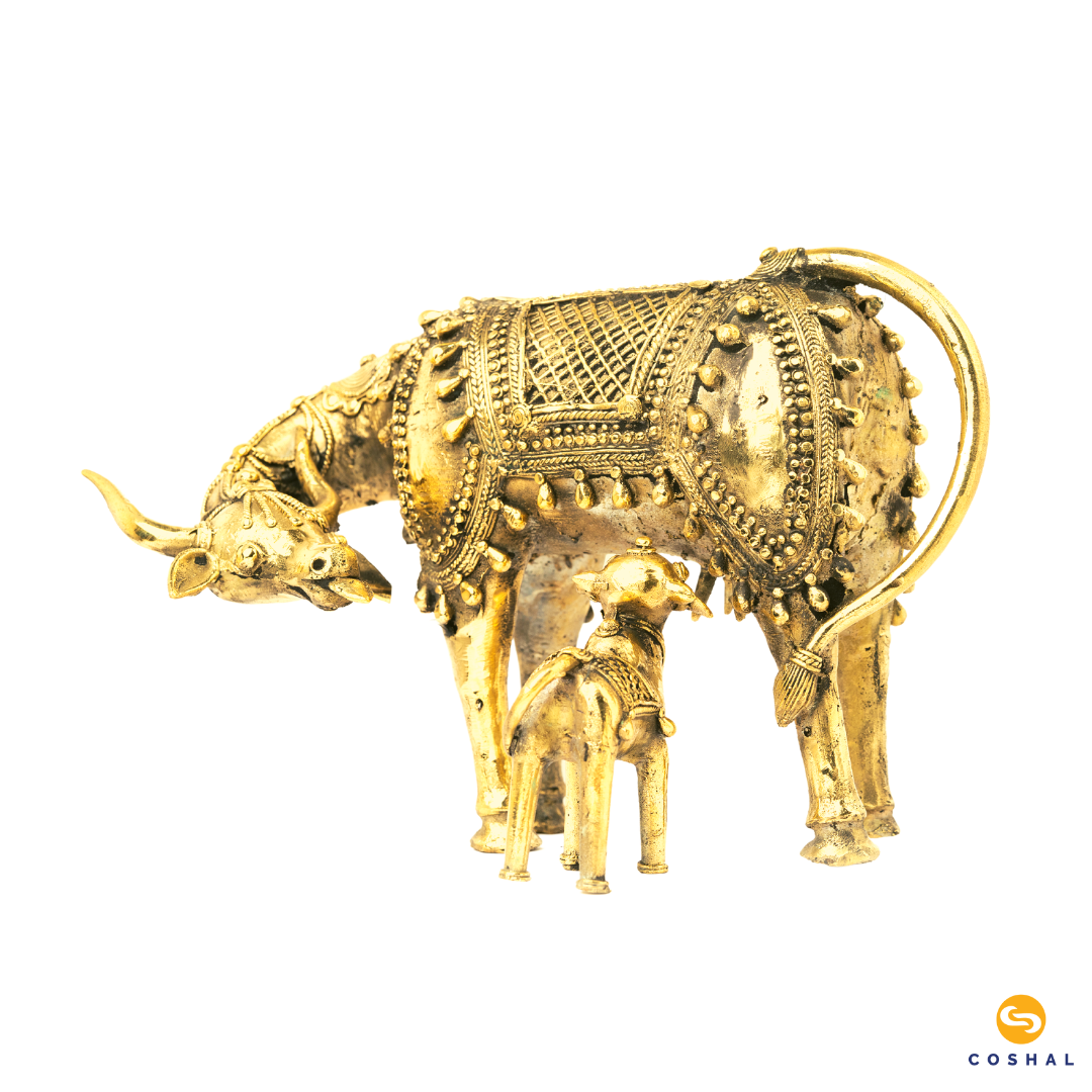 Kamdhenu Cow and Calf | Best for homes and offices | Bastar Dhokra Art | Room Decor |Coshal | CD23 3