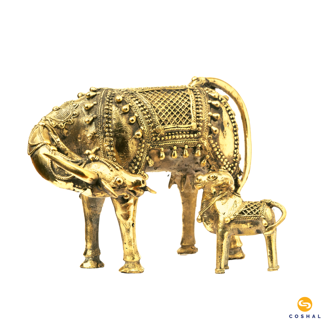 Kamdhenu Cow and Calf | Best for homes and offices | Bastar Dhokra Art | Room Decor |Coshal | CD23 4